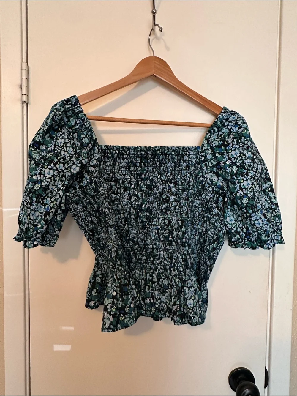 J. Crew Blue Floral Smocked Square-Neck Puff Sleeve Top Size L